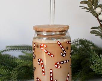 Vaso de vidrio con forma de bastón de caramelo, vaso para café helado, vaso de vidrio con forma de bastón de caramelo, vaso para café navideño, regalos de Navidad, vaso festivo