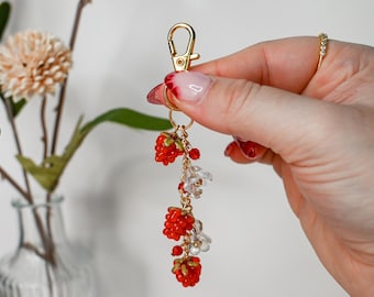 Raspberry Charm Beaded Keychain For Bags Or Phones, Cute Beaded Keychain, Handmade Beaded Accessory, Short Beaded Keychain