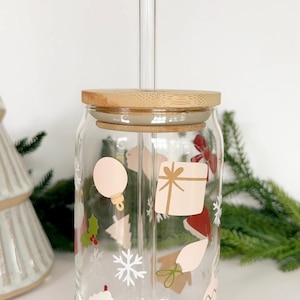 Holiday Ornament Glass Cup, Christmas Iced Coffee Glass Cup, Simple Holiday Decor, Christmas Cup, Christmas Gift, Coffee Glass With Lid