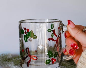 Mistletoe Glass Mug, Holiday Gift, Hot Cocoa Mug, Winter Coffee Mug, Christmas Holiday Decor, 15oz Glass Mug