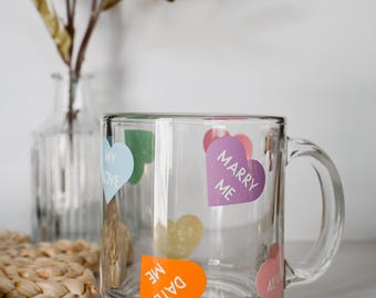 Candy Hearts Coffee Mug, Cute Conversation Heart Mug, Valentines Day Coffee Glass Mug