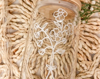 Flower Bouquet Glass Cup, Iced Coffee Glass, Floral Glass Can, Cute Glass Cup With Bamboo Lid, Gifts For Her, Minimalistic Flowers Glass Cup