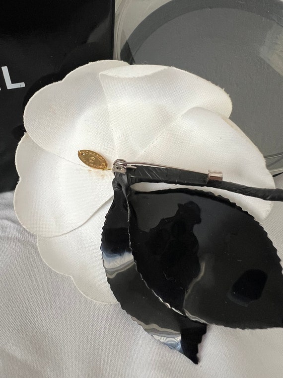 Vintage Chanel Silk White Camellia with Black Lea… - image 3