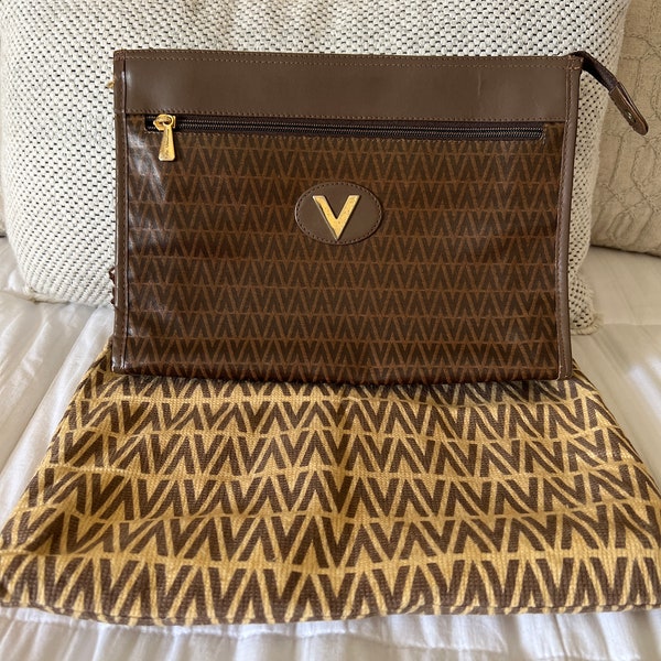 Authentic Vintage MARIO VALENTINO Brown Coated Canvas Medium Clutch Bag