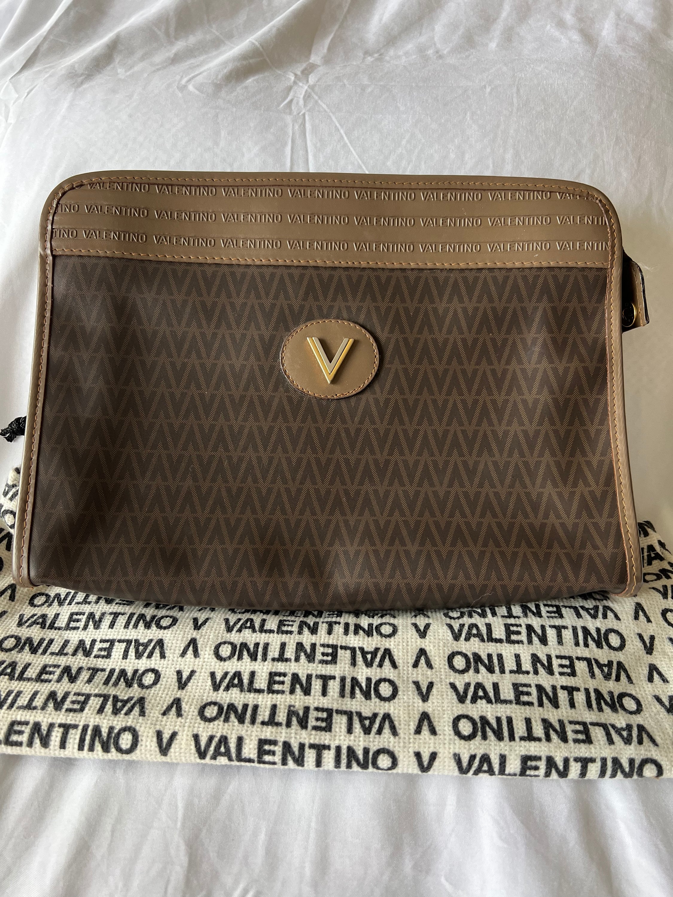Valentino Vintage Large Brown Coated Canvas V Bag Purse Logo Pouch Mario  Print