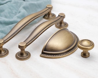 Curved Antique Brass Cabinet Pulls, Beaded Drawer Handle, Kitchen Hardware