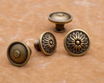 Antique Cabinet Knobs Solid Brass | Aged Brass Knobs | Gold Dresser Knobs | Brass Dresser Knobs | Flower Knobs | Antique Dresser Knobs