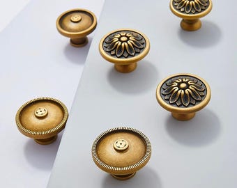 Antique Cabinet Knobs Solid Brass | Aged Brass Knobs | Gold Dresser Knobs | Brass Dresser Knobs | Flower Knobs | Antique Dresser Knobs