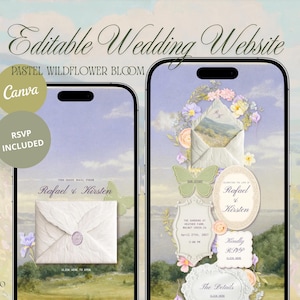 Puede incluir: Dos tel&eacute;fonos inteligentes que muestran una plantilla de sitio web de bodas editable con un tema de flores silvestres en tonos pastel. Las pantallas presentan un gr&aacute;fico de sobre, los nombres Rafael y Kirsten y marcos decorativos.