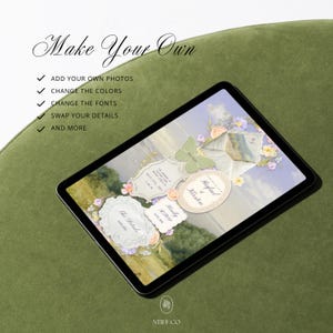Puede incluir: Una tableta que muestra una plantilla de invitaci&oacute;n de boda digital con ilustraciones florales, una mariposa y marcos ornamentados. El texto incluye: Make Your Own, ADD YOUR OWN PHOTOS, CHANGE THE COLORS, CHANGE THE FONTS, SWAP YOUR DETAILS, AND MORE, NTIFF.CO.