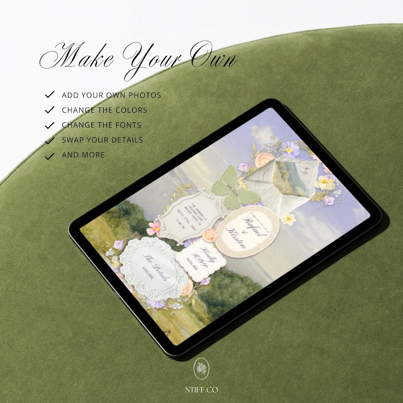 Puede incluir: Una tableta que muestra una plantilla de invitaci&oacute;n de boda digital con ilustraciones florales, una mariposa y marcos ornamentados. El texto incluye: Make Your Own, ADD YOUR OWN PHOTOS, CHANGE THE COLORS, CHANGE THE FONTS, SWAP YOUR DETAILS, AND MORE, NTIFF.CO.