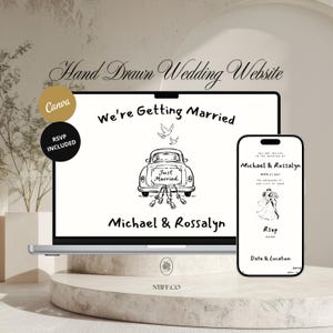 Può includere: Un modello di sito web per matrimoni digitale visualizzato su uno schermo di laptop e smartphone. Il design presenta illustrazioni disegnate a mano di un'auto con lattine, uccelli e una coppia. Il testo include "We're Getting Married" e "RSVP".