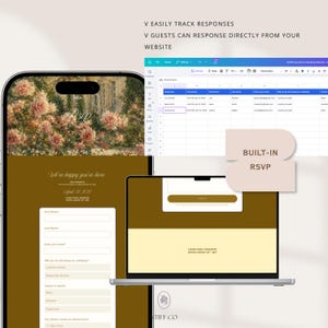 May include: A digital interface display showing a wedding website RSVP form on a smartphone and laptop. The design features a floral background, dark gold sections, and white input fields. Text includes V EASILY TRACK RESPONSES and BUILT-IN RSVP.