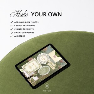 May include: A tablet displaying a digital wedding invitation template with floral graphics, a lace doily frame, and an envelope. Text reads: Make YOUR OWN, ADD YOUR OWN PHOTOS, CHANGE THE COLORS, CHANGE THE FONTS, SWAP YOUR DETAILS, AND MORE. NTIFF.CO logo at bottom.