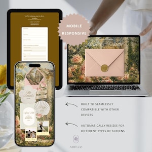May include: A digital wedding invitation suite displayed on a tablet, smartphone, and laptop screen. The design features floral imagery, a pink envelope with a gold wax seal, and text including Marie & Andre, The Details, RSVP, and April 24th.