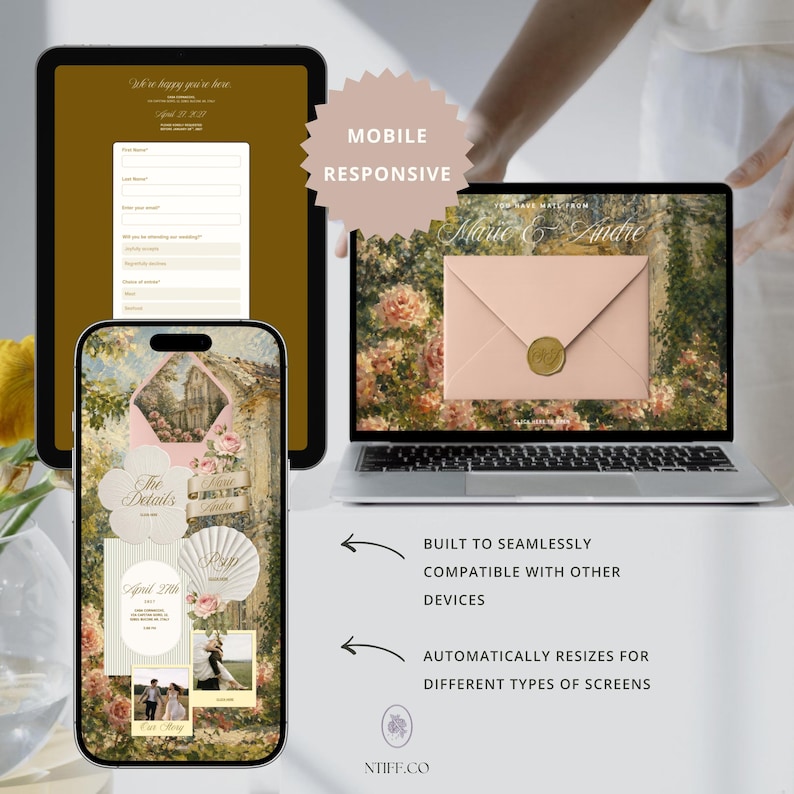 May include: A digital wedding invitation suite displayed on a tablet, smartphone, and laptop screen. The design features floral imagery, a pink envelope with a gold wax seal, and text including Marie & Andre, The Details, RSVP, and April 24th.