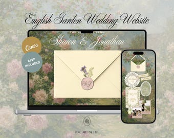 Plantilla web de boda con temática de jardín inglés vintage / Invitación floral de alta calidad / Sitio web de confirmación de asistencia optimizado para móviles / Editable en Canva