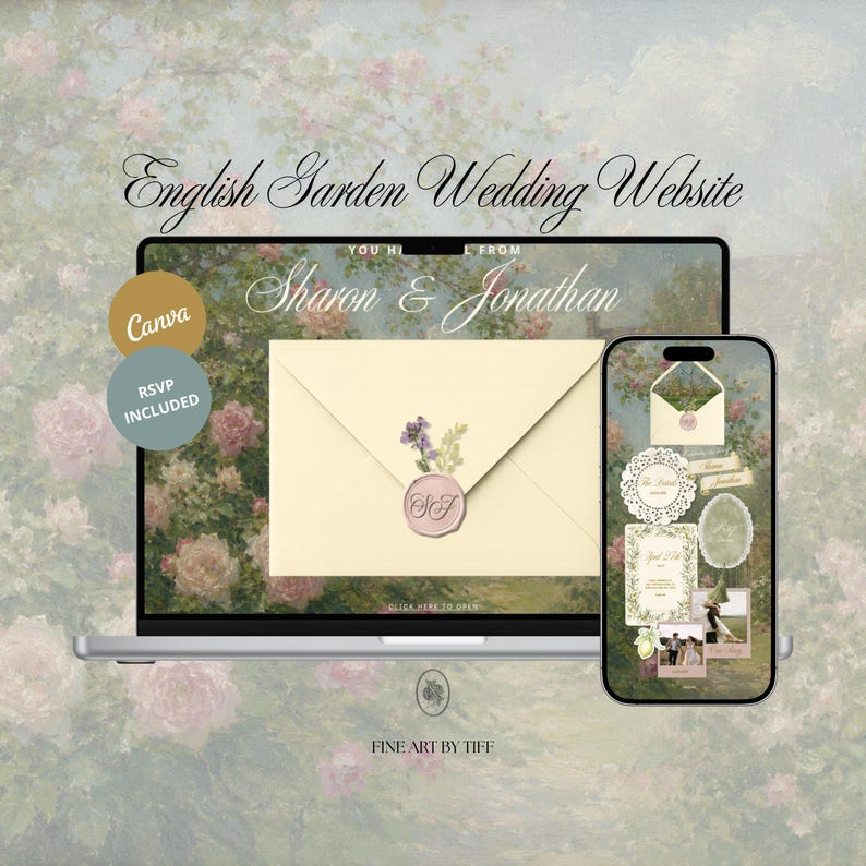 Vintage English Garden Wedding Website Template | Fine Art Floral Invitation | Mobile Friendly RSVP Website | Canva Editable image 1