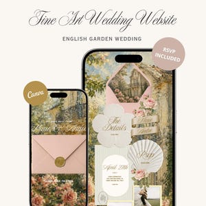 May include: Two smartphones display a Fine Art Wedding Website template with an English Garden theme. The screens feature pink envelopes, floral graphics, a shell-shaped RSVP card, and photo placeholders with text including Marie & Andre.