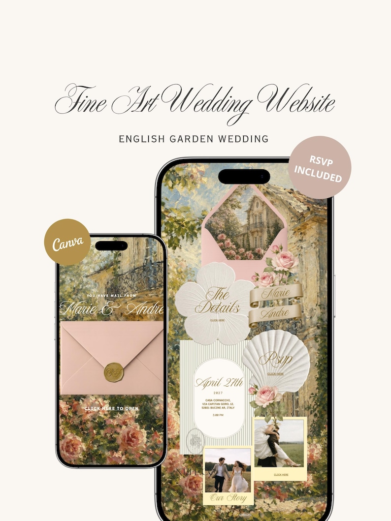 May include: Two smartphones display a Fine Art Wedding Website template with an English Garden theme. The screens feature pink envelopes, floral graphics, a shell-shaped RSVP card, and photo placeholders with text including Marie & Andre.