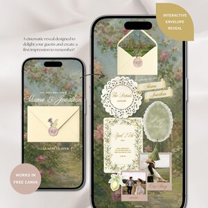May include: Two smartphones displaying a digital wedding invitation template with a floral background. The screens show an interactive envelope, a doily-style details card, an RSVP tag, a date card, and photo frames with text including Sharon & Jonathan.
