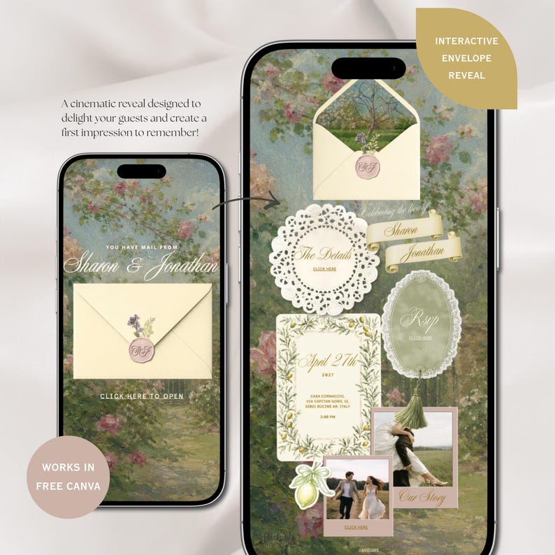 May include: Two smartphones displaying a digital wedding invitation template with a floral background. The screens show an interactive envelope, a doily-style details card, an RSVP tag, a date card, and photo frames with text including Sharon & Jonathan.