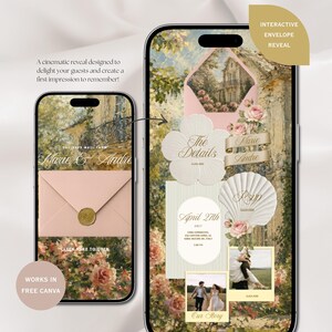 May include: Two smartphones display a digital wedding invitation template featuring a pink envelope, floral illustrations, and gold text. The screens show interactive elements including a wax seal, a shell-shaped RSVP card, and photo frames.