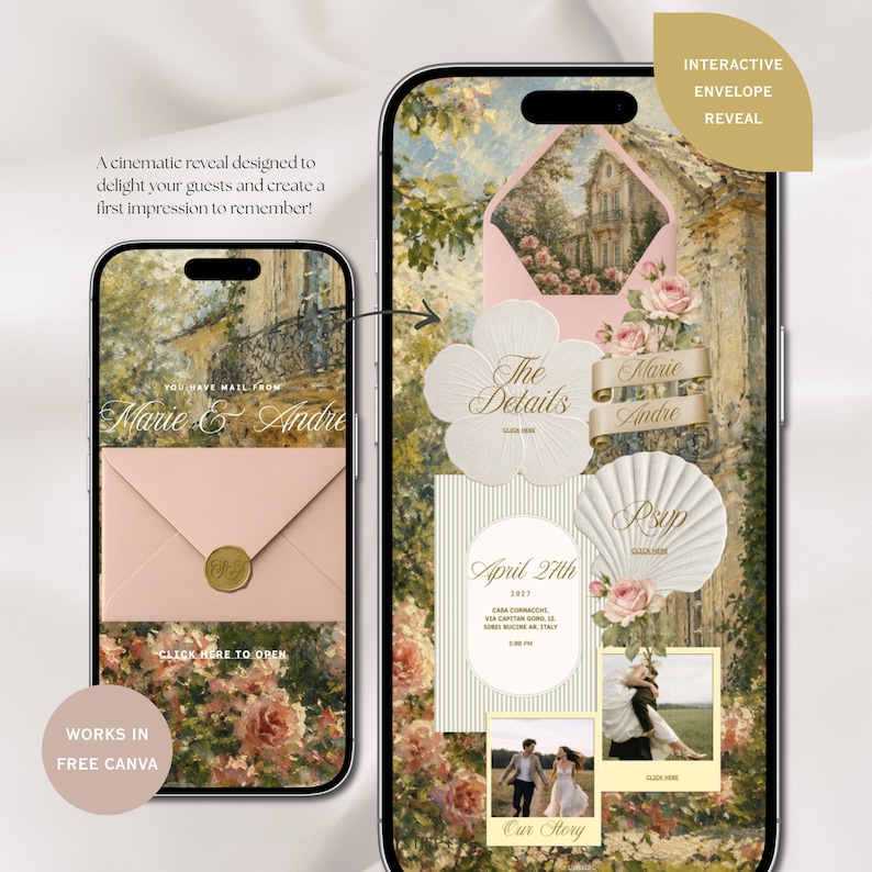May include: Two smartphones display a digital wedding invitation template featuring a pink envelope, floral illustrations, and gold text. The screens show interactive elements including a wax seal, a shell-shaped RSVP card, and photo frames.