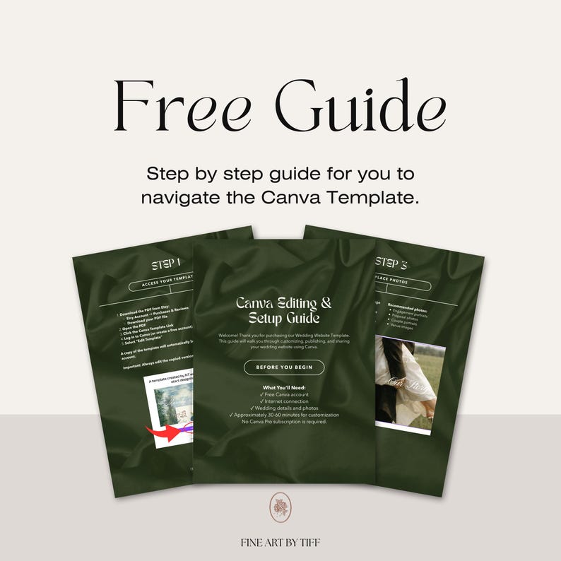 May include: A digital guide titled Free Guide with step-by-step instructions for a Canva template. The document features dark green pages with white text, including sections for Step 1, Canva Editing & Setup Guide, and Step 3, with Fine Art by Tiff.