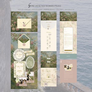 May include: A set of five pre-designed website pages for weddings featuring a floral theme with cream, sage green, and soft pink tones. The layout includes an envelope homepage, reveal, wedding details, love story, and an RSVP form with text.