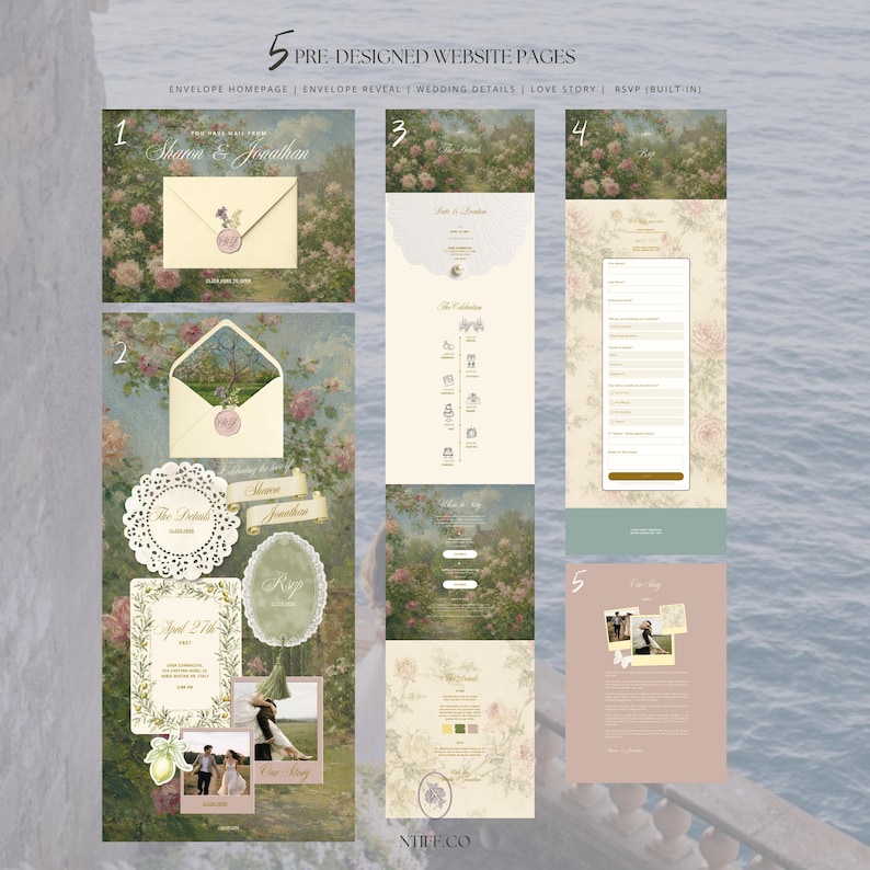 May include: A set of five pre-designed website pages for weddings featuring a floral theme with cream, sage green, and soft pink tones. The layout includes an envelope homepage, reveal, wedding details, love story, and an RSVP form with text.