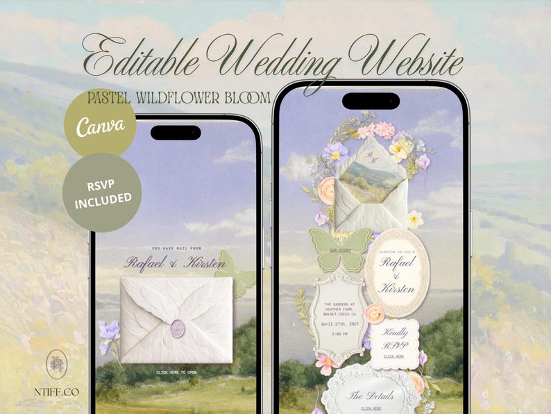 Puede incluir: Dos tel&eacute;fonos inteligentes que muestran una plantilla de sitio web de bodas editable con un tema de flores silvestres en tonos pastel. Las pantallas presentan un gr&aacute;fico de sobre, los nombres Rafael y Kirsten y marcos decorativos.
