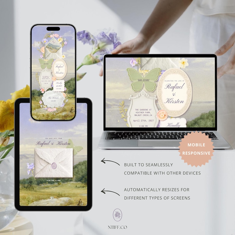 Puede incluir: Un conjunto de invitaciones de boda digitales que se muestra en la pantalla de un tel&eacute;fono inteligente, una tableta y una computadora port&aacute;til. El dise&ntilde;o presenta un fondo de paisaje con detalles florales, una mariposa verde y texto que incluye Rafael & Kirsten, 27 de abril de 2027.