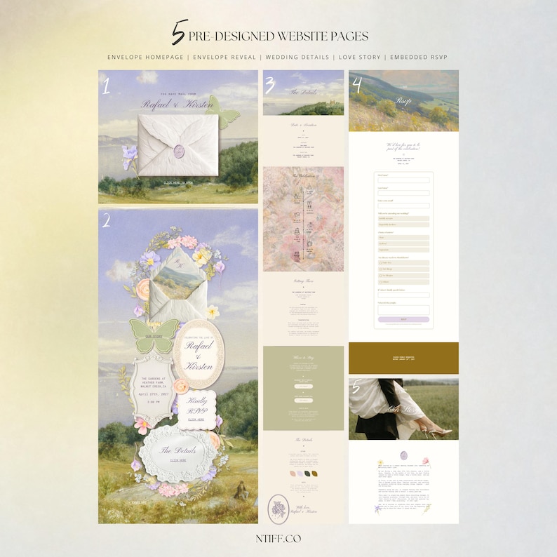 Puede incluir: Una visualizaci&oacute;n digital de 5 p&aacute;ginas web predise&ntilde;adas para bodas, que incluye una p&aacute;gina de inicio de sobre, revelaci&oacute;n de sobre, detalles de boda, historia de amor y RSVP integrado. El dise&ntilde;o presenta paisajes y motivos florales.