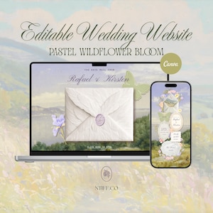 Puede incluir: Un ordenador port&aacute;til y un smartphone muestran una plantilla de sitio web de boda editable titulada Pastel Wildflower Bloom. La pantalla muestra un sobre blanco con un sello de cera, gr&aacute;ficos florales y los nombres Rafael & Kirsten.
