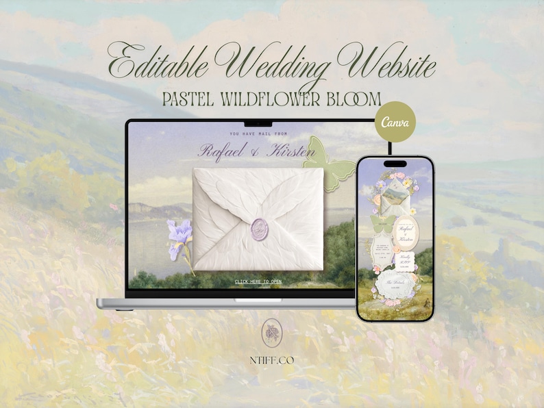 Puede incluir: Un ordenador port&aacute;til y un smartphone muestran una plantilla de sitio web de boda editable titulada Pastel Wildflower Bloom. La pantalla muestra un sobre blanco con un sello de cera, gr&aacute;ficos florales y los nombres Rafael & Kirsten.