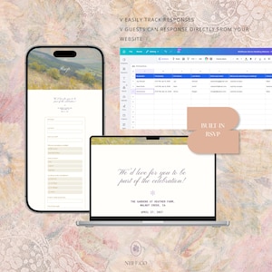 Puede incluir: Un tel&eacute;fono inteligente y una computadora port&aacute;til muestran un sitio web de bodas con un formulario de confirmaci&oacute;n de asistencia, junto a una hoja de c&aacute;lculo. El texto incluye V EASILY TRACK RESPONSES, V GUESTS CAN RESPOND DIRECTLY FROM YOUR WEBSITE y BUILT IN RSVP.