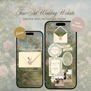 May include: Two smartphones display a Fine Art Wedding Website with a vintage English garden theme. The screens show cream-colored envelopes with wax seals, floral borders, lace-style frames, and small photographs. Text includes "Shawn & Jonathan", "The Details", "RSVP", "April 27th", and "RSVP INCLUDED".