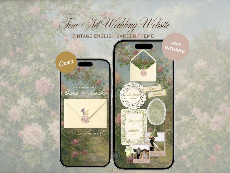 May include: Two smartphones display a Fine Art Wedding Website with a vintage English garden theme. The screens show cream-colored envelopes with wax seals, floral borders, lace-style frames, and small photographs. Text includes "Shawn & Jonathan", "The Details", "RSVP", "April 27th", and "RSVP INCLUDED".