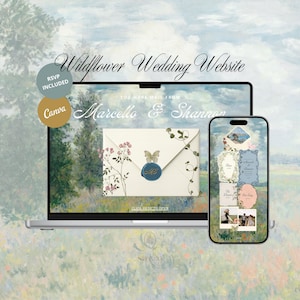 Blaue Wildblumen Hochzeit Website Vorlage, Canva Bearbeitbar, Online Antwortkarte, Gartenparty Floral Website (Digitaler Download)