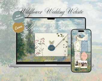 Plantilla para sitio web de bodas con temática de flores silvestres azules, editable en Canva, confirmación de asistencia en línea, sitio web floral para fiestas en el jardín (descarga digital)