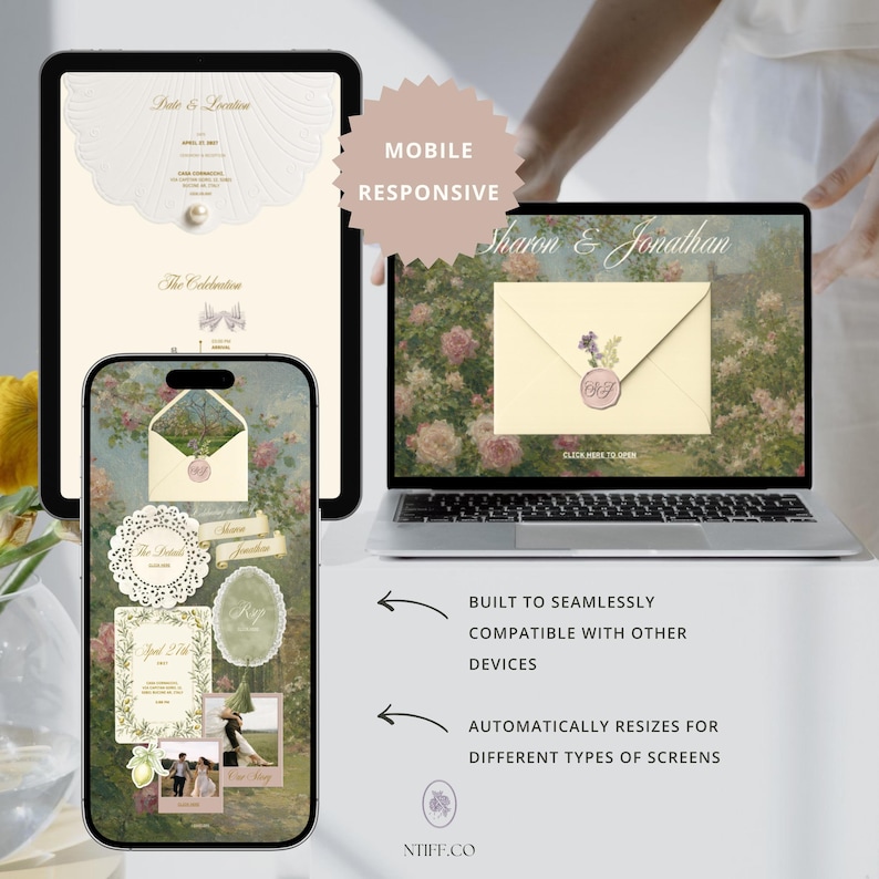 May include: A digital wedding invitation suite displayed on a tablet, a smartphone, and a laptop screen. The designs feature floral motifs, wax seals, and elegant typography. Text includes "Sharon & Jonathan," "Date & Location," and "The Celebration."