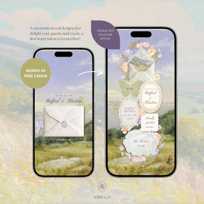 Puede incluir: Dos tel&eacute;fonos inteligentes muestran una plantilla de invitaci&oacute;n de boda digital con un fondo de paisaje, flores y mariposas. Las pantallas presentan una revelaci&oacute;n de sobre interactiva, los nombres Rafael y Kirsten y detalles.