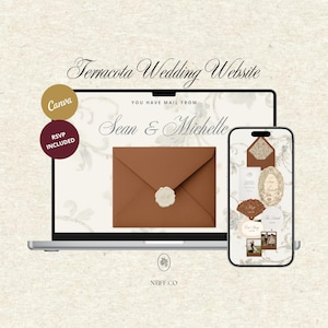 May include: A laptop and smartphone displaying a terracotta wedding website template. The screen shows the text "You have mail from Sean & Michelle" with a brown envelope and wax seal. The phone displays various wedding stationery elements.