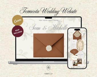 Peut inclure: Un modèle de site web de mariage numérique affiché sur un écran d'ordinateur portable et de smartphone. Le design présente une enveloppe terracotta avec un sceau de cire, le texte "You have mail from Sean & Michelle" et divers éléments de papeterie.