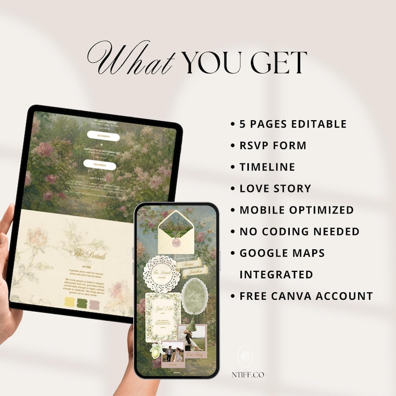 May include: A tablet and smartphone displaying a floral-themed digital wedding invitation template. Text includes "What YOU GET", "5 PAGES EDITABLE", "RSVP FORM", "TIMELINE", "LOVE STORY", "MOBILE OPTIMIZED", "NO CODING NEEDED", "GOOGLE MAPS INTEGRATED", and "FREE CANVA ACCOUNT".