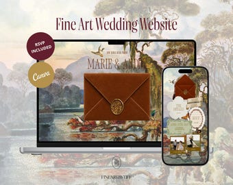 Peut inclure: Un ordinateur portable et un smartphone affichant un modèle de site web de mariage avec un fond de peinture paysagère. L'écran montre une enveloppe en velours marron avec un sceau en cire dorée, le texte Marie & Andre et des cartes d'information.
