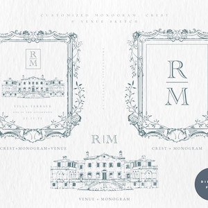 Custom Floral Vintage Crest,Wedding Crest,Custom Venue Sketch, Wedding Monogram, two letter monogram, Custom Wedding Invitation | Bundle