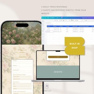 May include: A digital interface showing a wedding RSVP form on a smartphone and laptop screen with a floral background. Text includes V EASILY TRACK RESPONSES, V GUESTS CAN RESPOND DIRECTLY FROM YOUR WEBSITE, and BUILT-IN RSVP. A spreadsheet displays guest data.