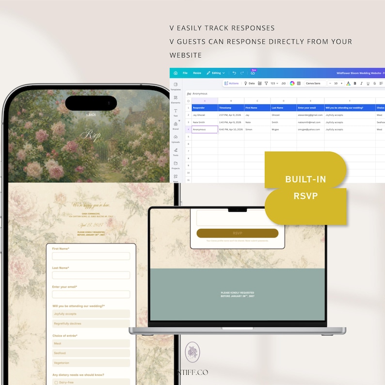 May include: A digital interface showing a wedding RSVP form on a smartphone and laptop screen with a floral background. Text includes V EASILY TRACK RESPONSES, V GUESTS CAN RESPOND DIRECTLY FROM YOUR WEBSITE, and BUILT-IN RSVP. A spreadsheet displays guest data.